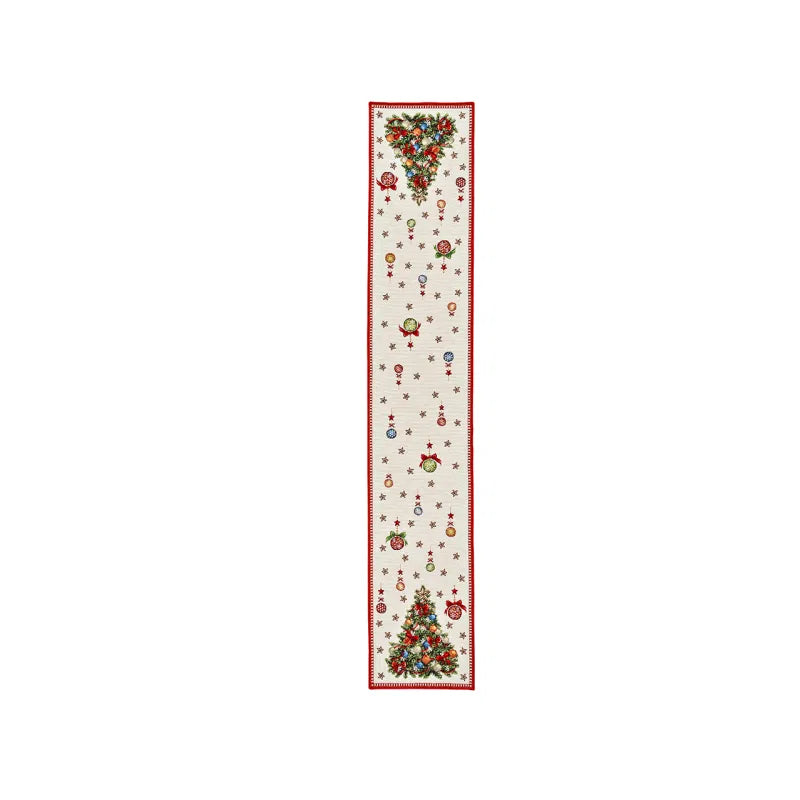 Chemin de table textile Noël sapins beige rouge - Vue détaillée du motif festif