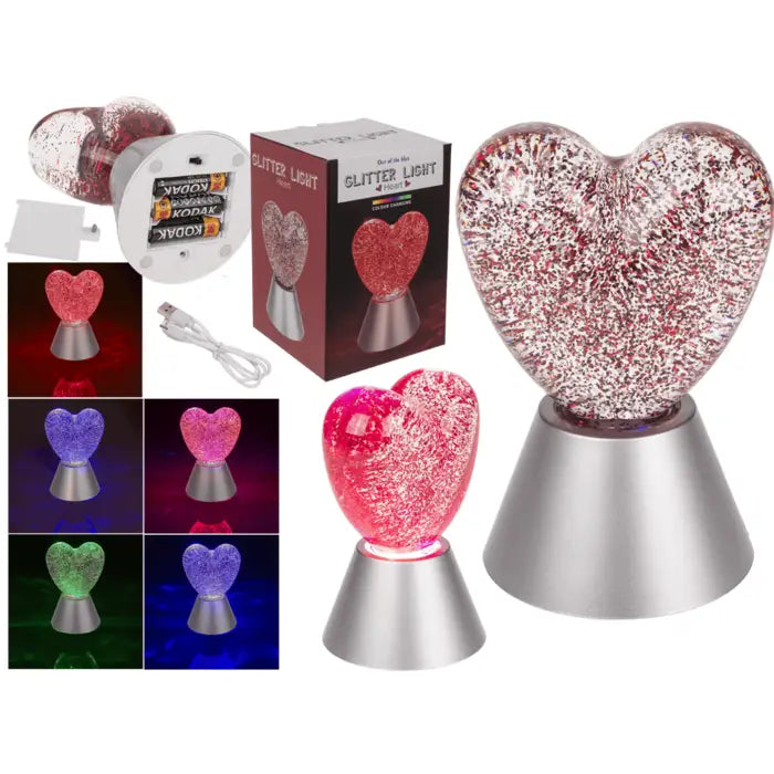 Lampe cœur à paillettes rouges avec base argentée - décoration romantique