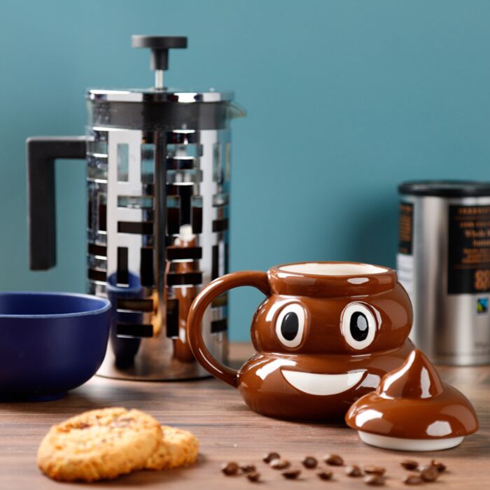 Mug caca emoji avec couvercle - Vue complète - Tasse humoristique pour amateurs d'humour