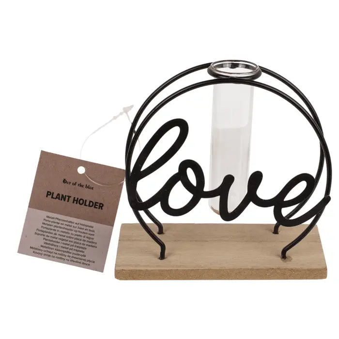 Vase Love romantique métal et bois avec éprouvette - porte-plante Saint-Valentin 13cm