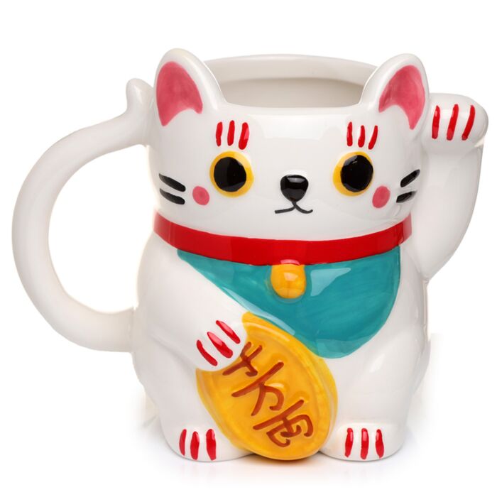 Mug chat Maneki Neko blanc 3D porte-bonheur - Vue principale